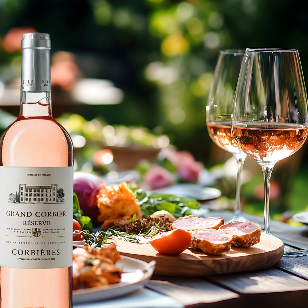 Bonfils Grand Corbier Réserve Rosé mit frischem Salat und Brotzeit im sommerlichen Garten, entspannte Genussatmosphäre unter warmem Sonnenlicht