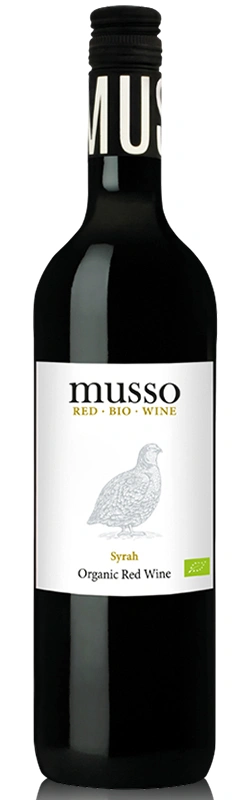 Musso Syrah Bio Rotwein freigestellt vor weißem Hintergrund