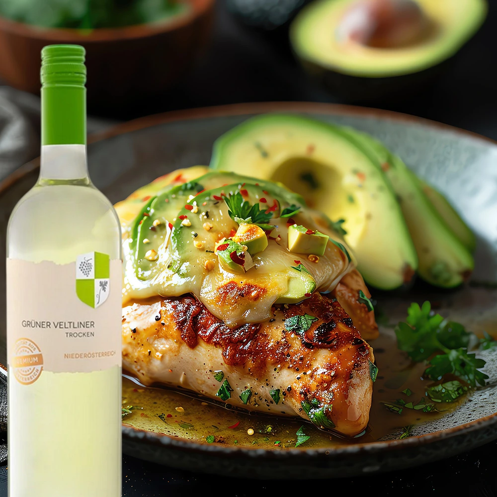 Aichenberg Grüner Veltliner Wappenserie Weißwein serviert mit Hähnchen und Avocado auf stilvoll gedecktem Tisch