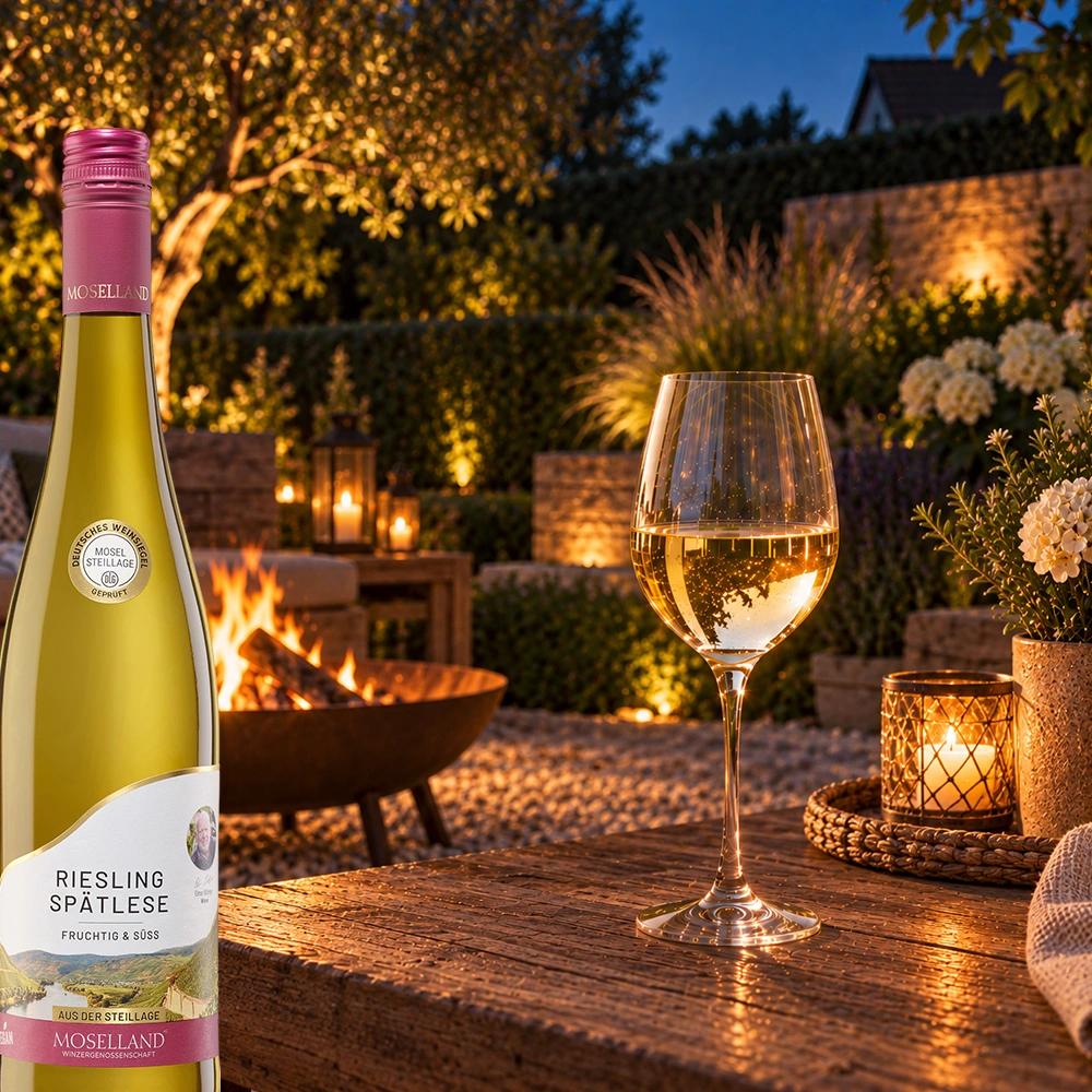 Moselland Riesling Spätlese Fruchtig & Süß im Weinglas bei einem gemütlichen Weinabend