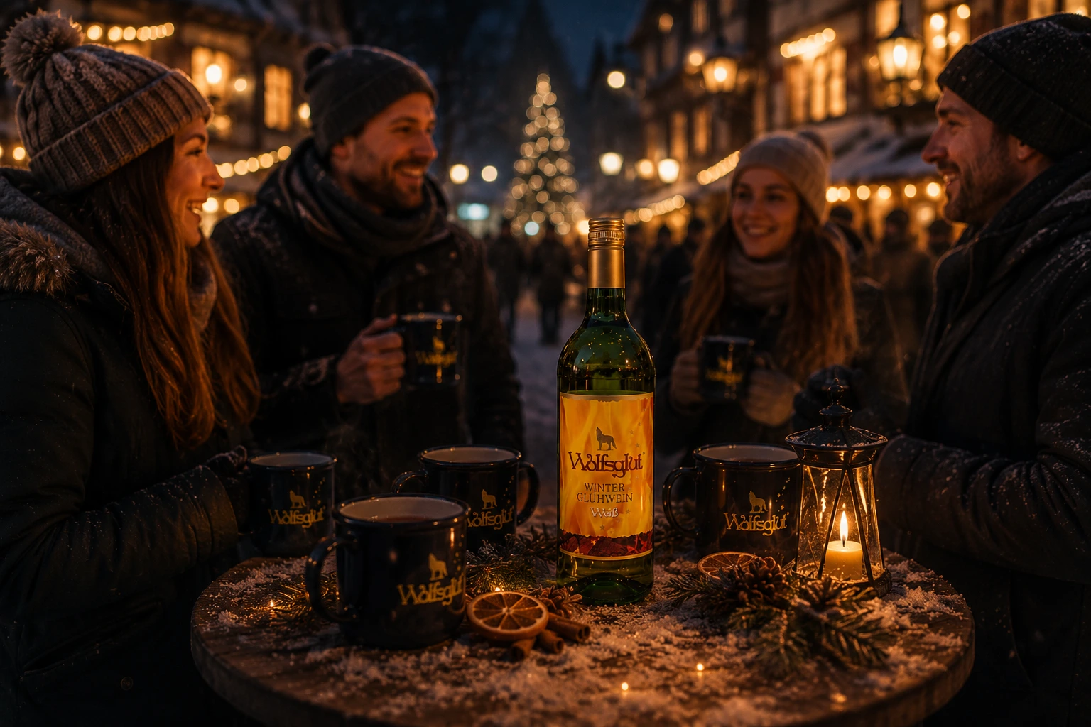 Wolfsglut Weiß Glühwein auf einem winterlichen Tisch auf dem Weihnachtsmarkt, umgeben von Menschen mit dampfenden Glühweinbechern