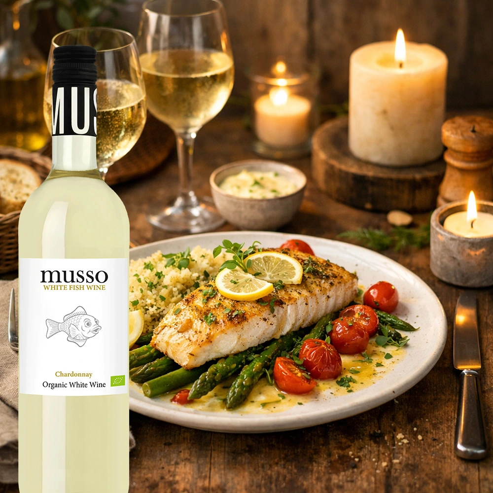 Musso Chardonnay Bio Weißwein mit edlem Fischgericht auf festlich gedecktem Tisch in stilvoller Atmosphäre