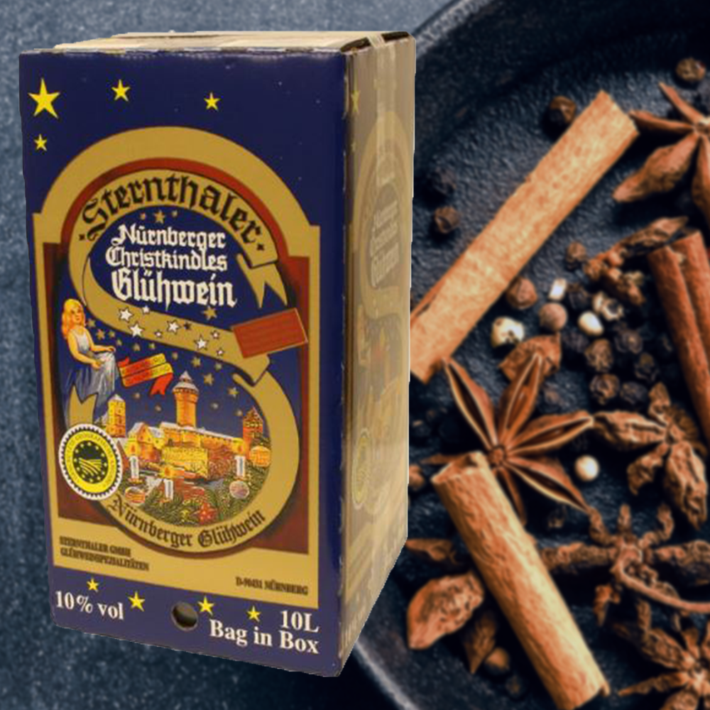 Sternthaler Nürnberger Christkindles Glühwein Rot Bag-in-Box + VINOX Winecards, 10l