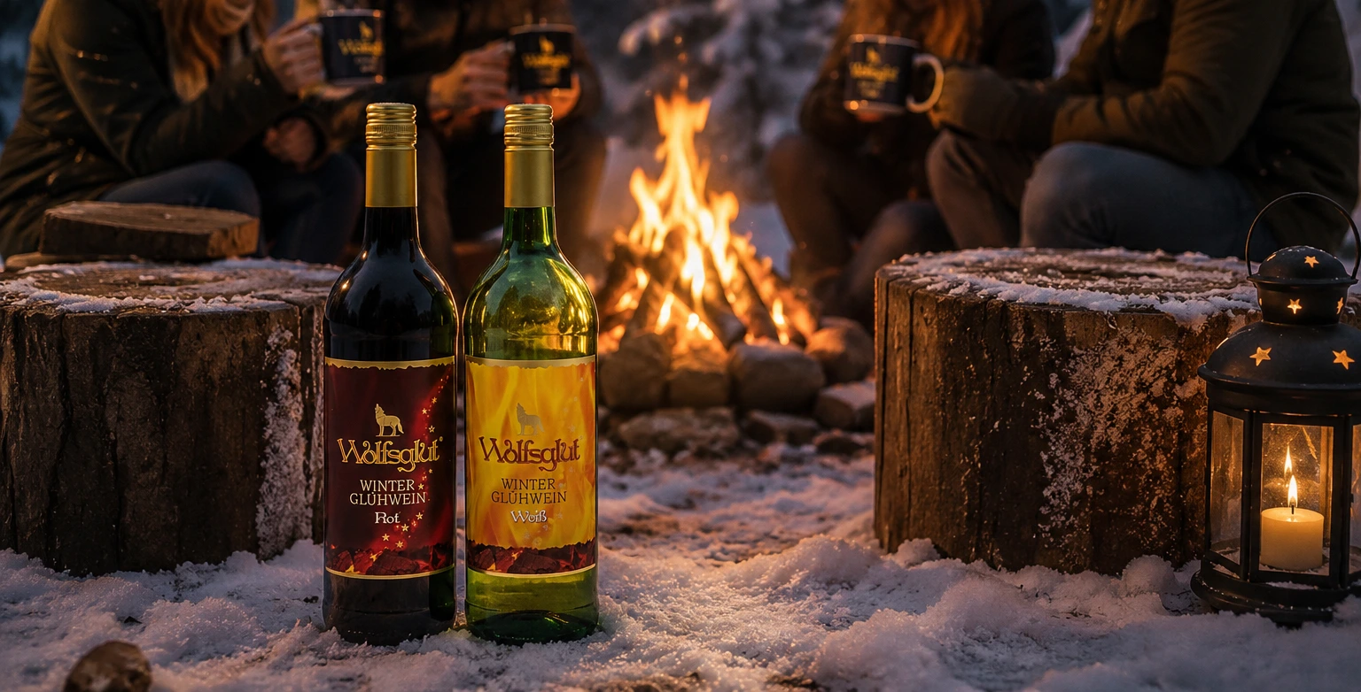 Zwei Flaschen Wolfsglut Glühwein Rot und Weiß am Lagerfeuer im Schnee, während Menschen mit Glühweinbechern auf Baumstämmen sitzen