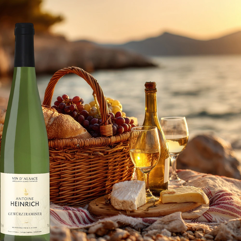 Antoine Heinrich Gewürztraminer bei einem Picknick mit Korb und Käse vor einer Bucht im Sonnenuntergang
