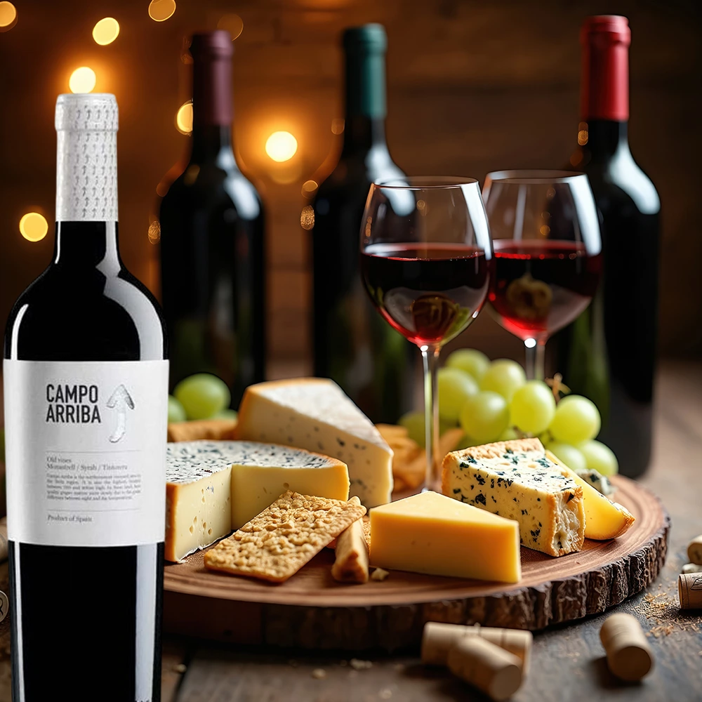 Flasche Barahonda Campo Arriba Rotwein auf einem rustikalen Holztisch, kombiniert mit einer reichhaltigen Käseplatte, stimmungsvolle Beleuchtung durch Kerzenschein für eine warme, gemütliche Atmosphäre.
