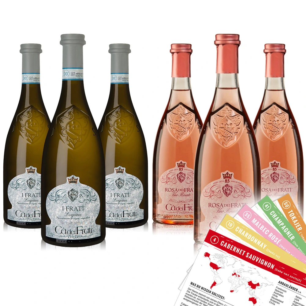 Cà dei Frati Probierpaket mit drei Flaschen Lugana und Rosa sowie Vinox Winecards mit Weinexpertisen, hochwertig arrangiert als Verkostungsset für Weinliebhaber