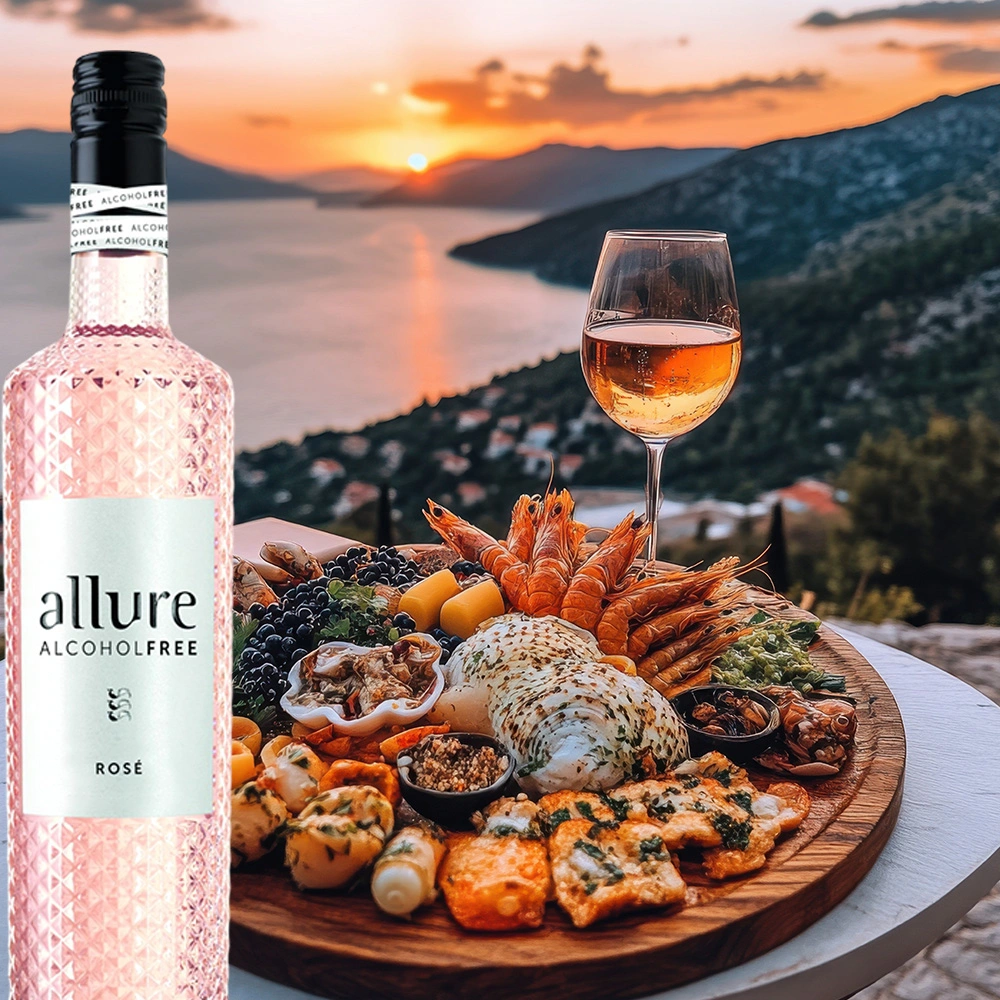 Flasche Allure Rosé alkoholfrei neben einem Antipasti-Teller auf einem Tisch mit Blick auf eine Bucht im Sonnenuntergang