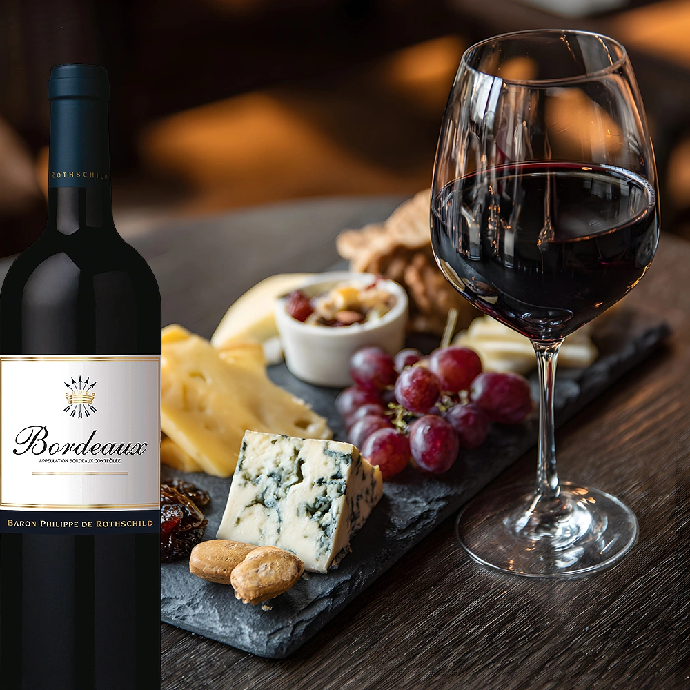 Baron Philippe de Rothschild Bordeaux Rouge mit Käseauswahl und frischen Früchten auf rustikalem Holztisch angerichtet