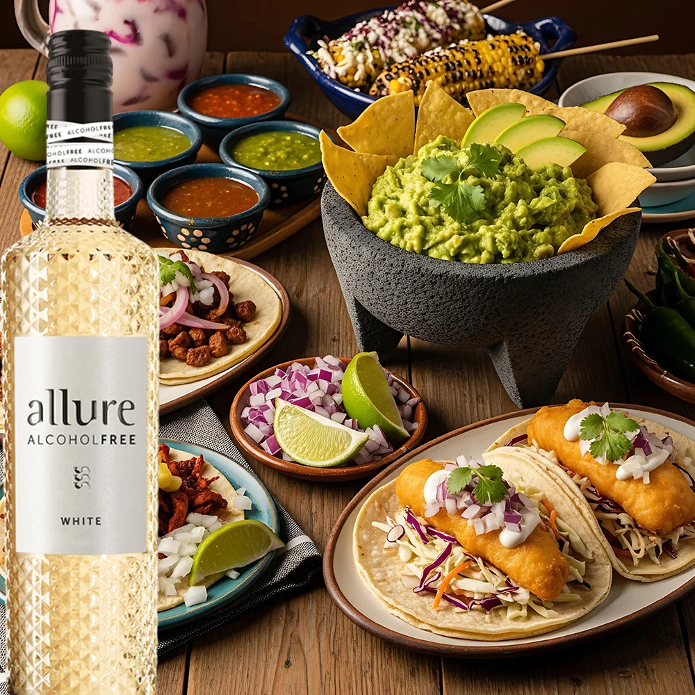 Flasche Allure Weiß alkoholfrei neben einem Teller Tex-Mex-Gerichte auf einem Tisch, bunt und einladend angerichtet