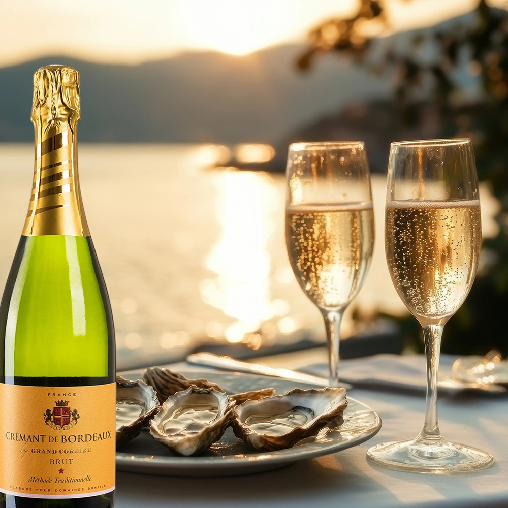 Bonfils Bonfils Grand Corbier Crémant de Bordeaux mit frischen Austern auf elegant gedecktem Tisch in sonniger Bucht bei stimmungsvollem Sonnenuntergang