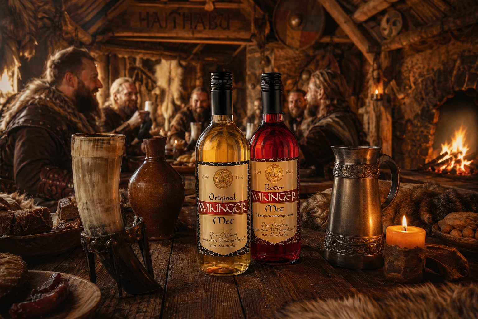 Original Wikinger Met und Roter Wikinger Met auf einem rustikalen Holztisch in einer Wikinger-Taverne mit Trinkhorn und Kaminfeuer