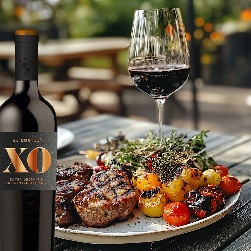 El Cortez XO Tinto mit Steak und Grillgemüse auf sonniger Terrasse, mediterrane Atmosphäre mit spanischem Rotwein und sommerlichem Genuss
