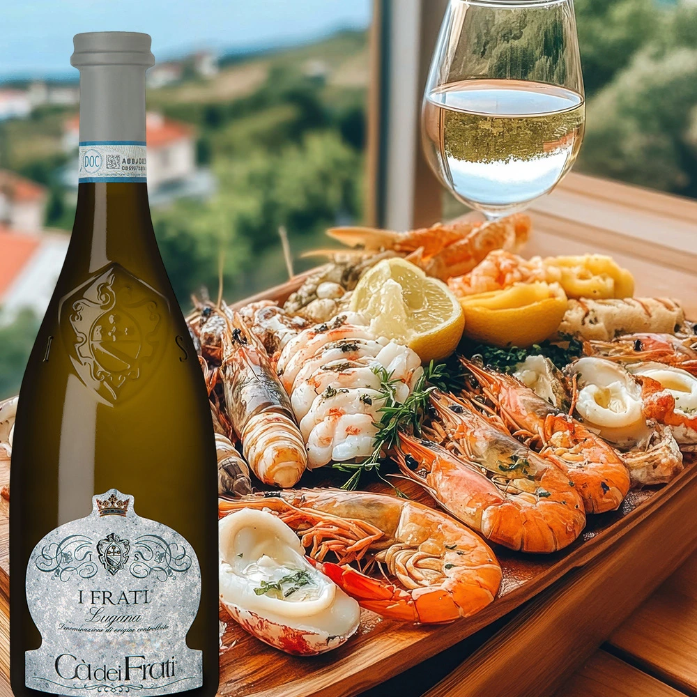 Cà dei Frati Lugana Wein mit Meeresfrüchten auf einem Holzbrett, sommerliche Atmosphäre am Ufer des Gardasees mit mediterranem Flair