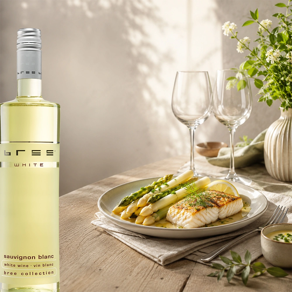 Bree Sauvignon Blanc Weinflasche auf einer sommerlich gedeckten Terrasse mit feinem Fischgericht, frischem Spargel und entspannter Atmosphäre als passende leichte Weinbegleitung
