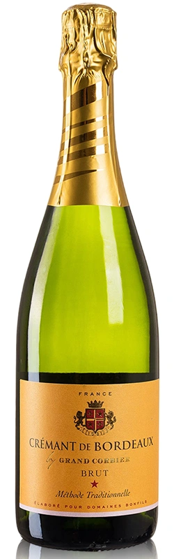 Bonfils Bonfils Grand Corbier Crémant de Bordeaux freigestellt vor weißem Hintergrund, elegante Crémant-Flasche mit hochwertigem Etikett