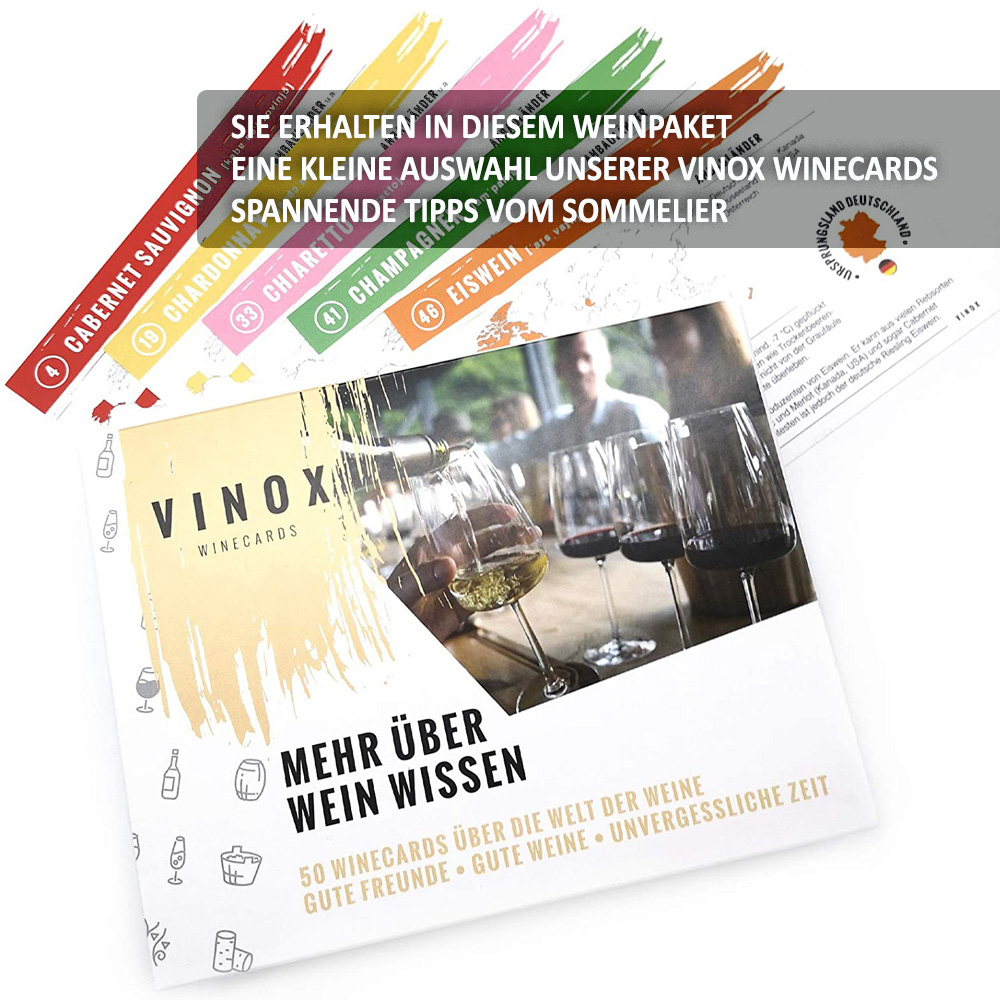 Moselland Camper Vin Probierpaket Deutschland, gemischtes Weinpaket + VINOX Winecards (4x3,0l)