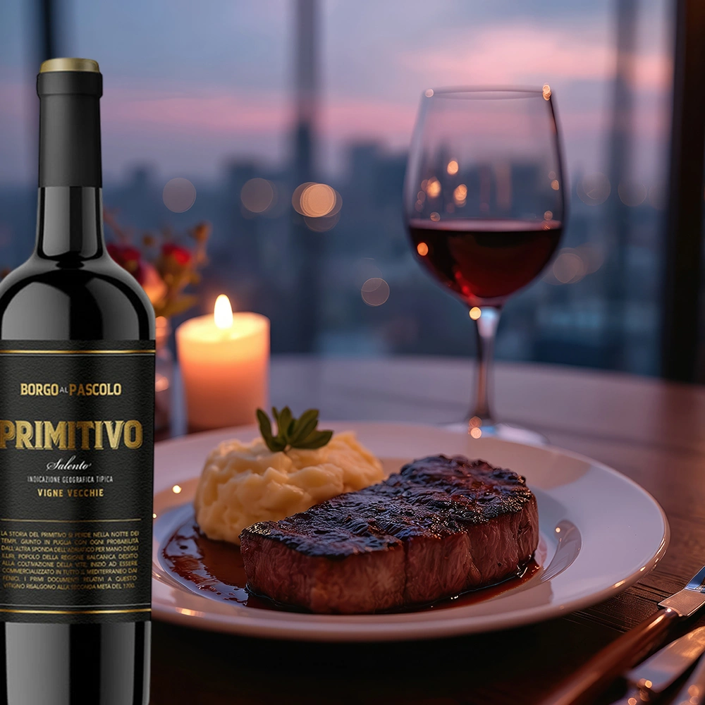 Flasche Borgo al Pascolo Primitivo Solo Rotwein auf einem romantisch gedeckten Tisch mit Steakgericht, im Hintergrund eine beleuchtete City Skyline bei Abendstimmung.