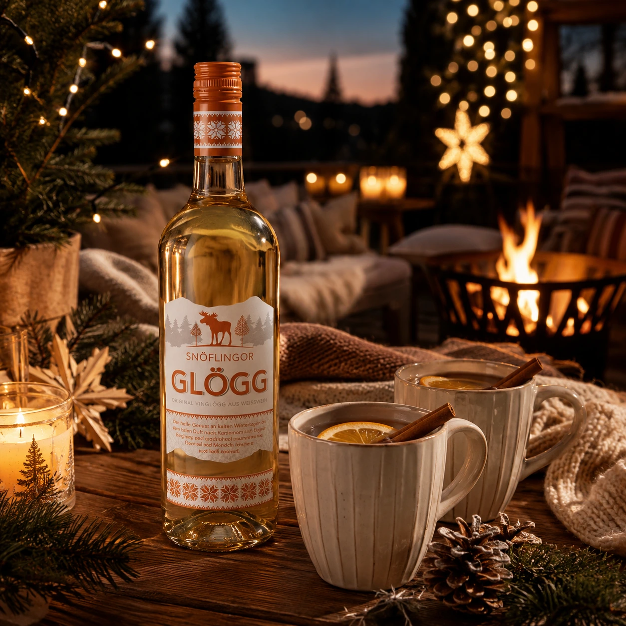 Mehrere Becher mit heißem Snöflingor Weiß und winterlichen Gewürzen stehen vor einer Feuerschale neben einer gemütlichen Outdoor-Couch mit Decken in stimmungsvoller Winteratmosphäre.