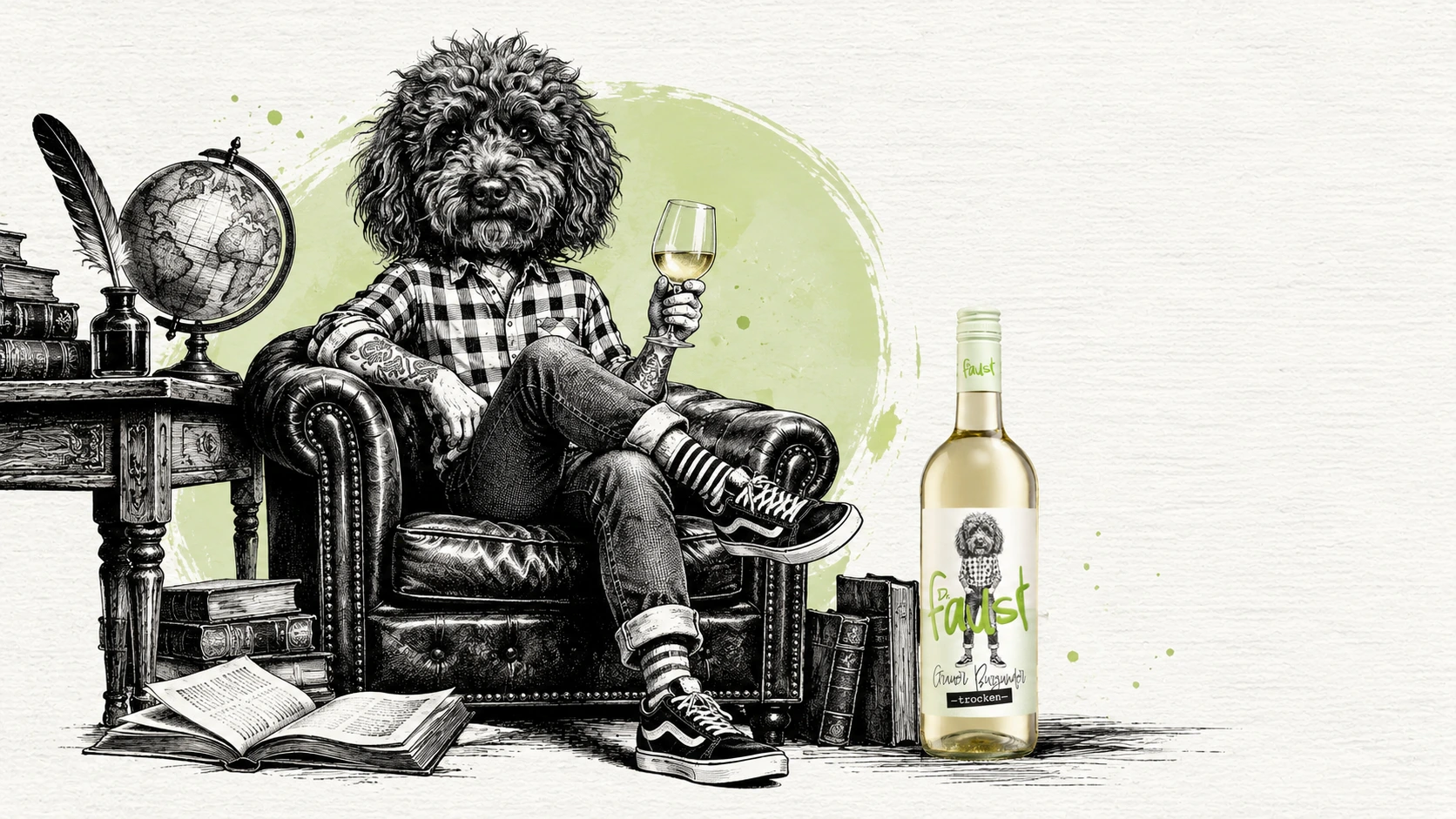 Dr. Faust Grauer Burgunder Wein mit Pudel im historischen Studierzimmer