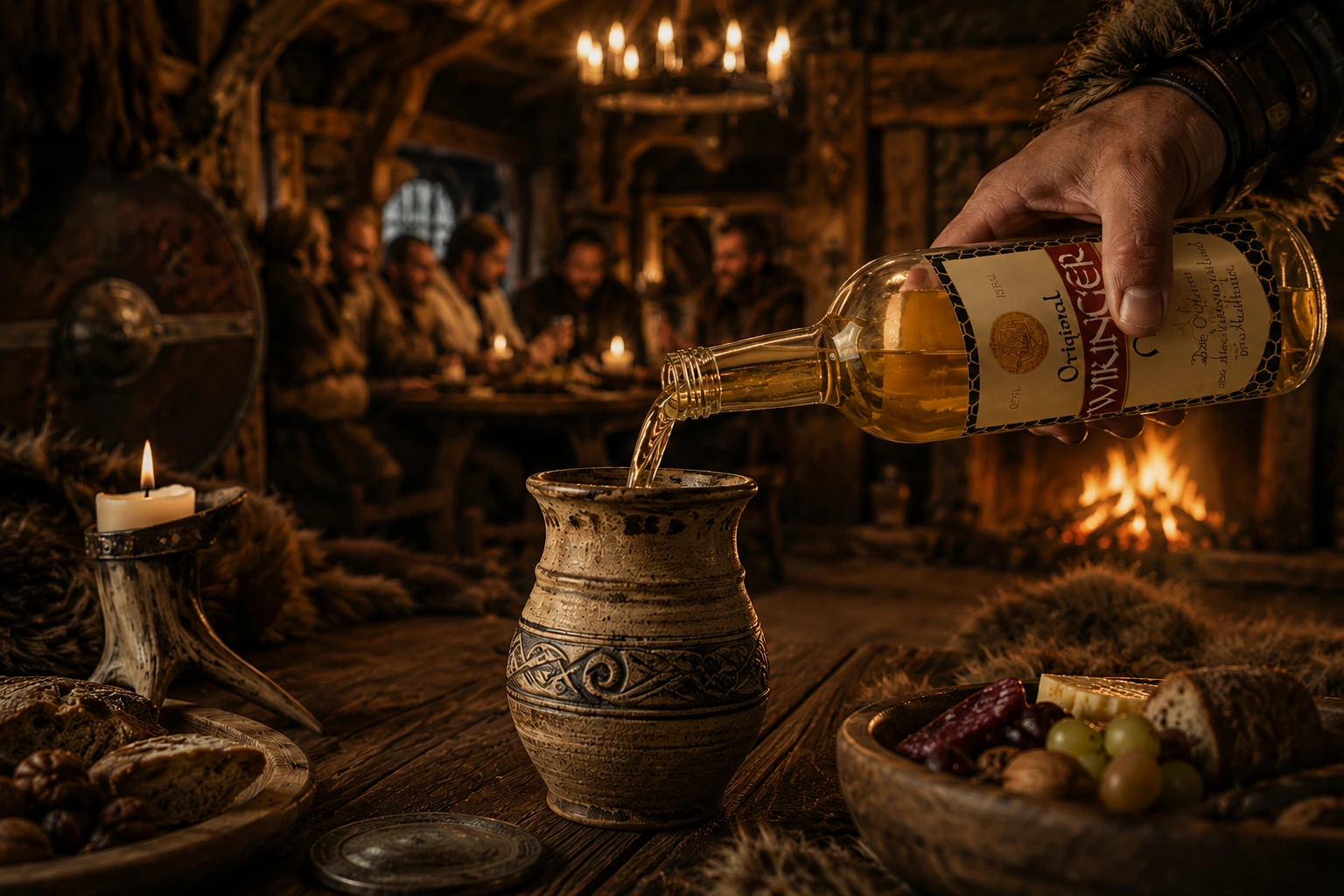 Original Wikinger Met wird in einer rustikalen Wikinger-Taverne aus der Flasche in einen traditionellen Tonkrug eingeschenkt