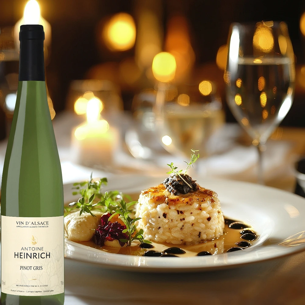 Antoine Heinrich Pinot Gris mit cremigem Risotto auf einem gedeckten Tisch bei Kerzenschein in stimmungsvoller Atmosphäre