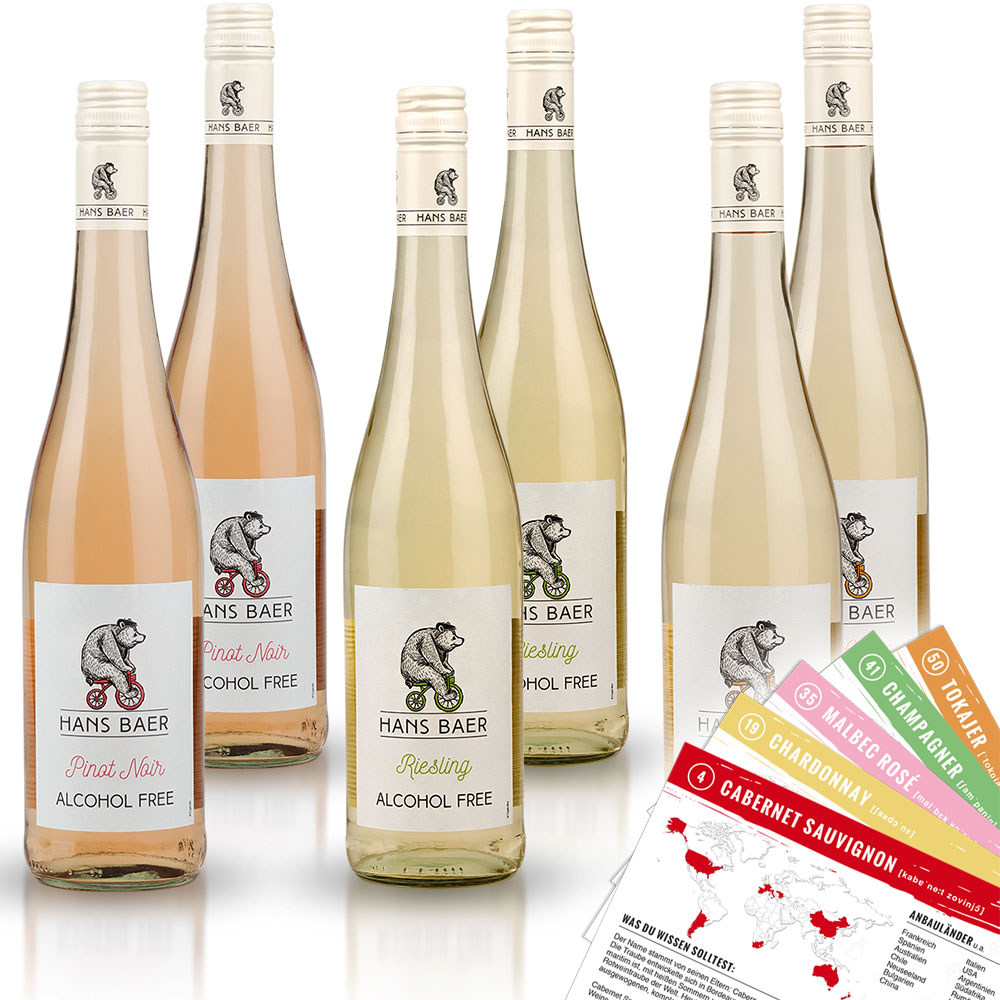 Hans Baer Probierpaket Wein alkoholfrei (6x0,75l) + VINOX Winecards