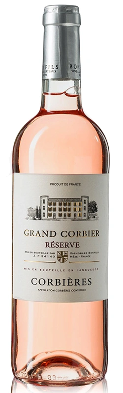 Bonfils Grand Corbier Réserve Rosé freigestellt vor weißem Hintergrund, elegante Roséweinflasche mit stilvollem Etikett