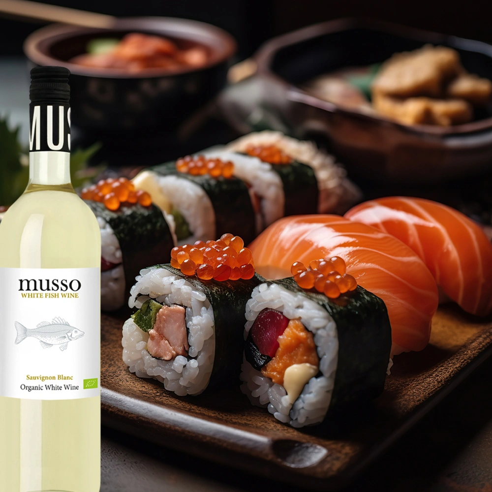 Musso Sauvignon Blanc Bio Weißwein mit Sushi auf rustikaler Holzplatte stilvoll angerichtet