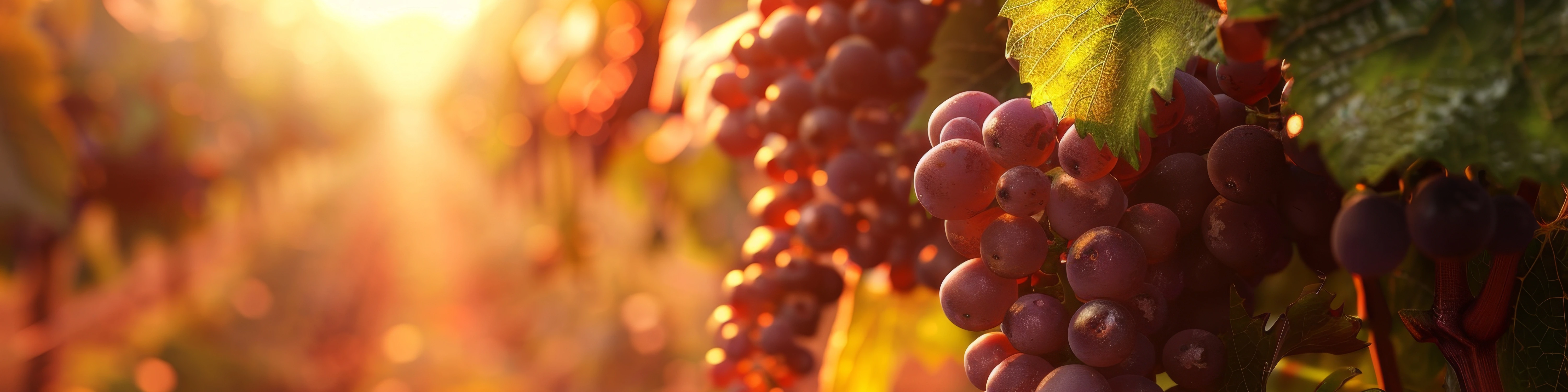 Rote Cabernet Sauvignon Trauben in einem Weinberg bei Sonnenuntergang, warme Lichtstimmung