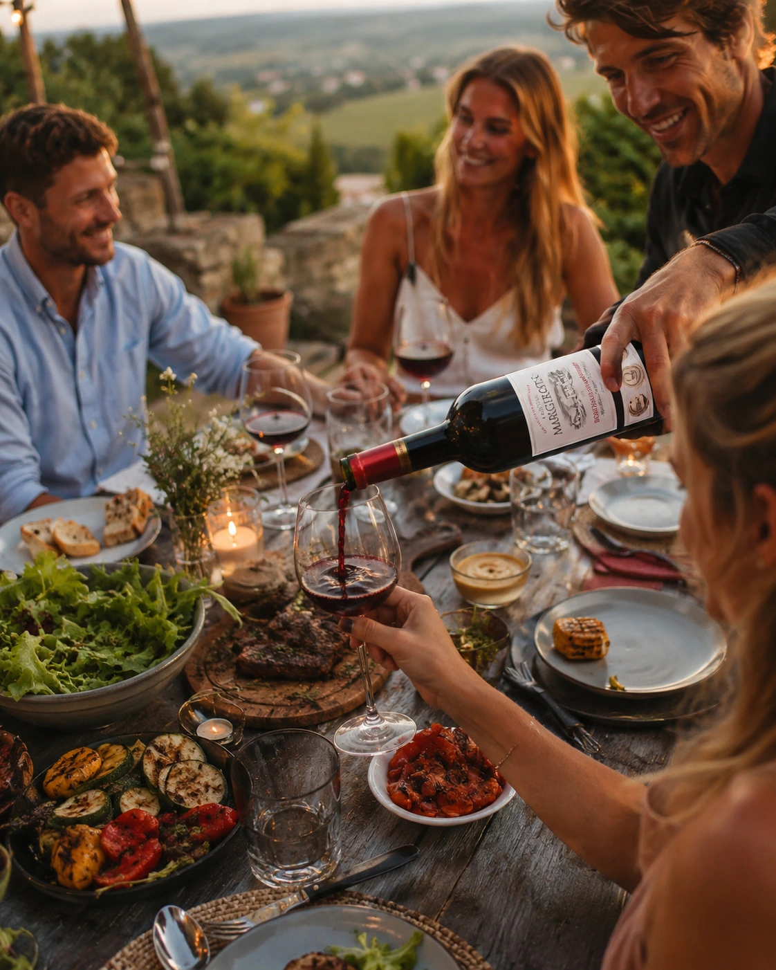 Gedeckter Tisch mit Château Margerots Bordeaux Wein bei einem Grillabend mit Menschen zum Sonnenuntergang