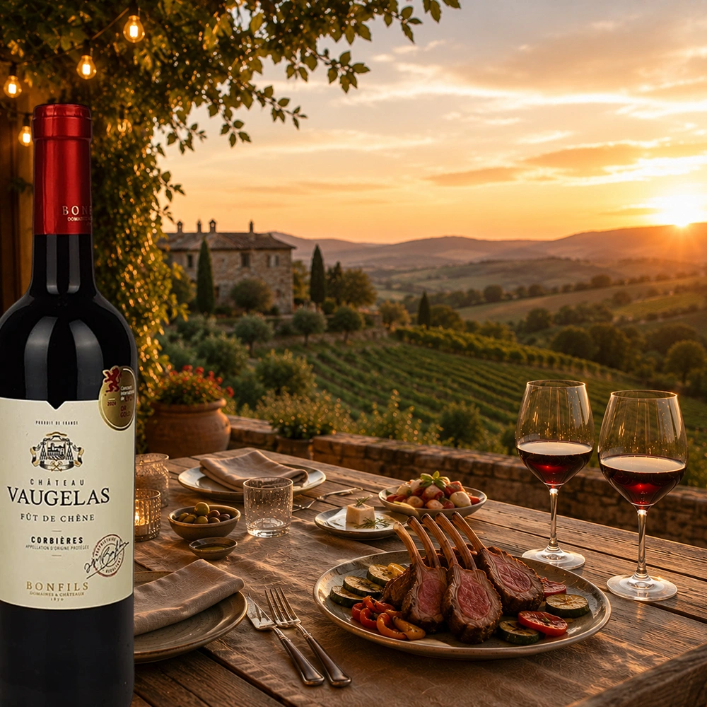 Bonfils Château Vaugelas mit Lammrippchen auf einem Tisch vor einem stimmungsvollen Sonnenuntergang in den Weinbergen