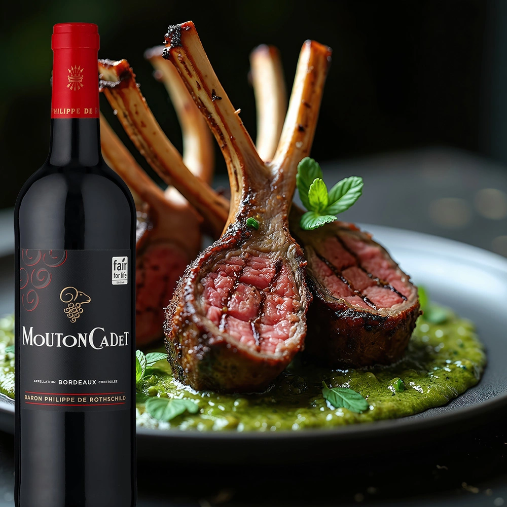 Baron Philippe de Rothschild Mouton Cadet mit Lammkarree und Pesto auf festlich gedecktem Tisch
