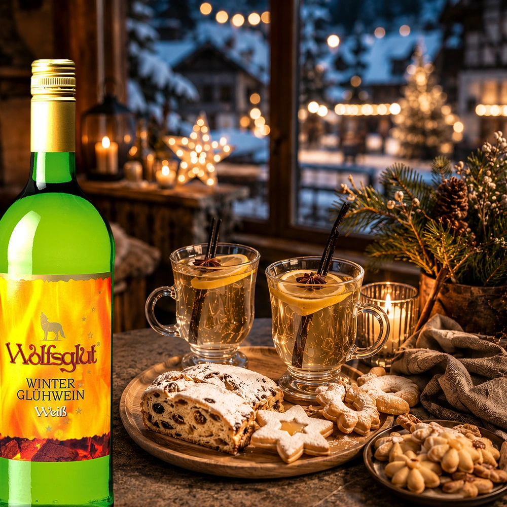 Wolfsglut Glühwein Weiß auf einem weihnachtlich gedeckten Tisch mit Stollen, Weihnachtsgebäck und Glühweingläsern