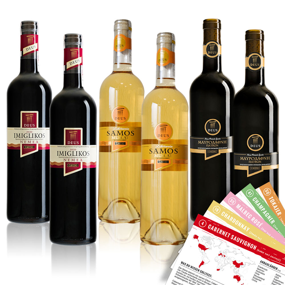 Cavino Deus Probierpaket (6 x 0,75l) + VINOX Winecards