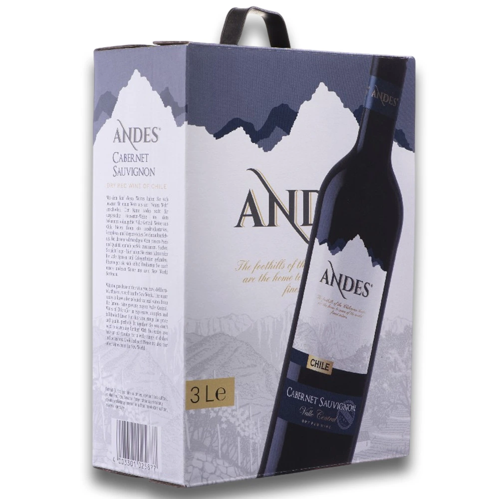 Andes Cabernet Sauvignon Bag-in-Box Rotwein freigestellt vor weißem Hintergrund