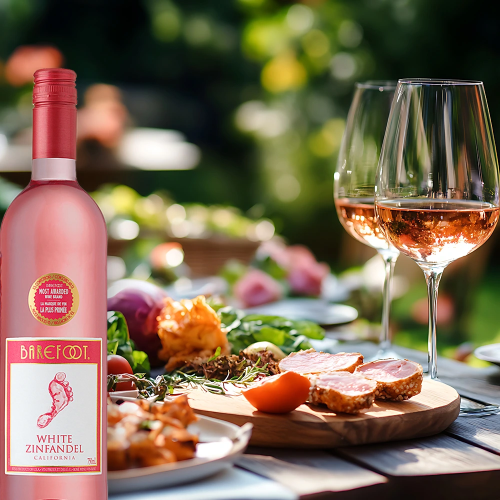 Barefoot White Zinfandel Roséwein mit frischem Salat auf einem Tisch in einem mediterranen Garten