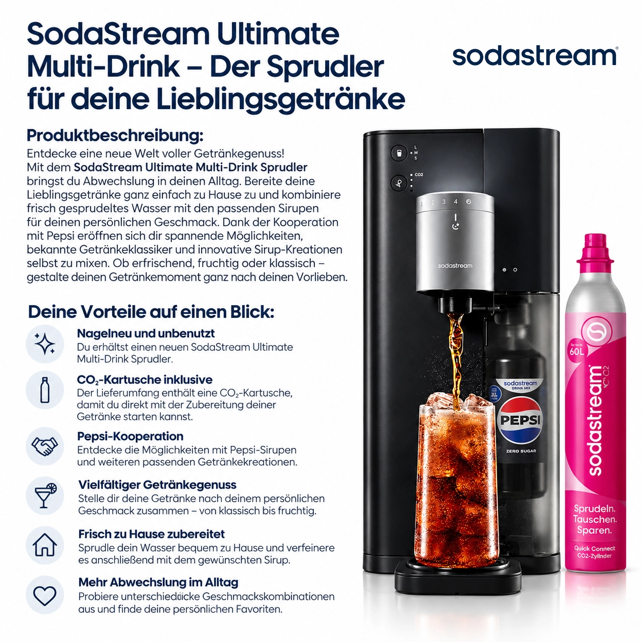 SodaStream Ultimate Multi-Drink Sprudler mit Produktbeschreibung, CO₂-Kartusche, Pepsi-Kooperation und den wichtigsten Produktvorteilen