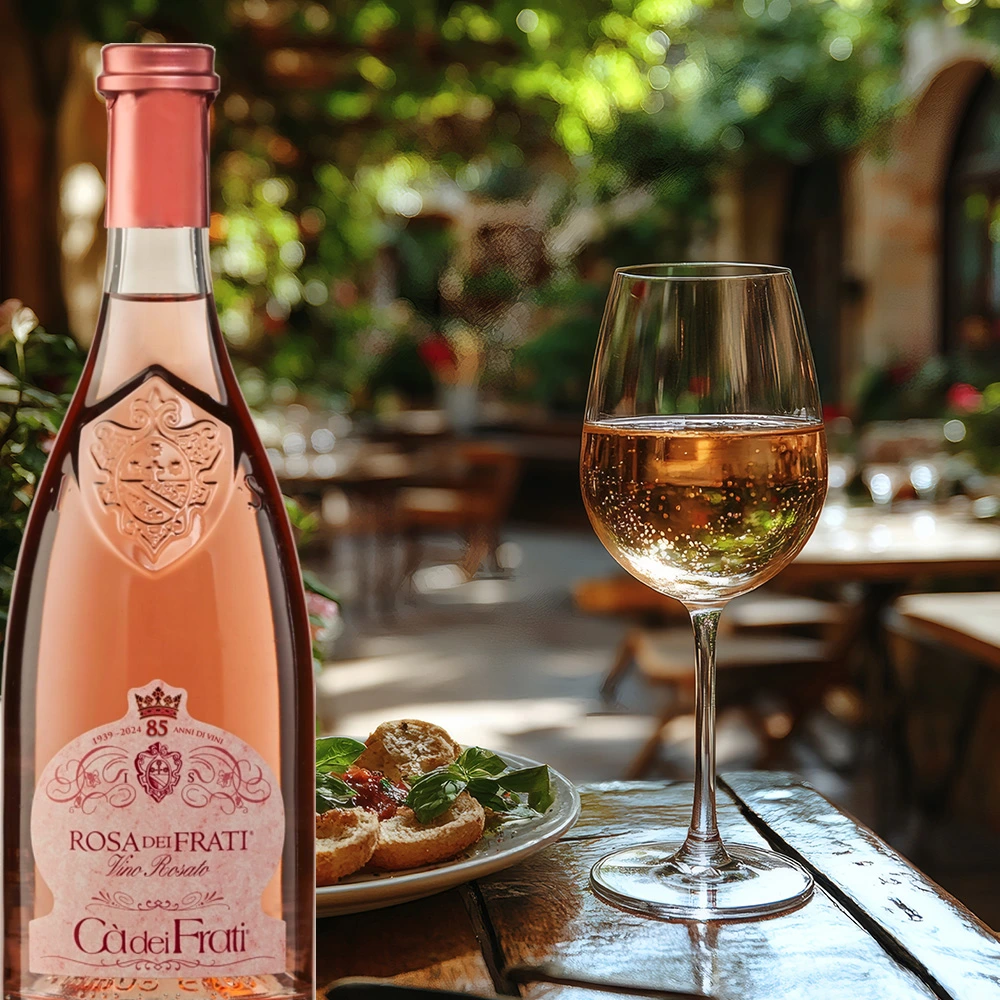Cà dei Frati Rosa Roséwein mit Bruschetta auf dem Tisch in einem mediterranen Restaurant mit sommerlicher Atmosphäre