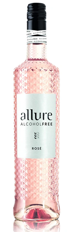 Einzelflasche Allure Rosé alkoholfrei vor weißem Hintergrund, klare Darstellung des Etiketts