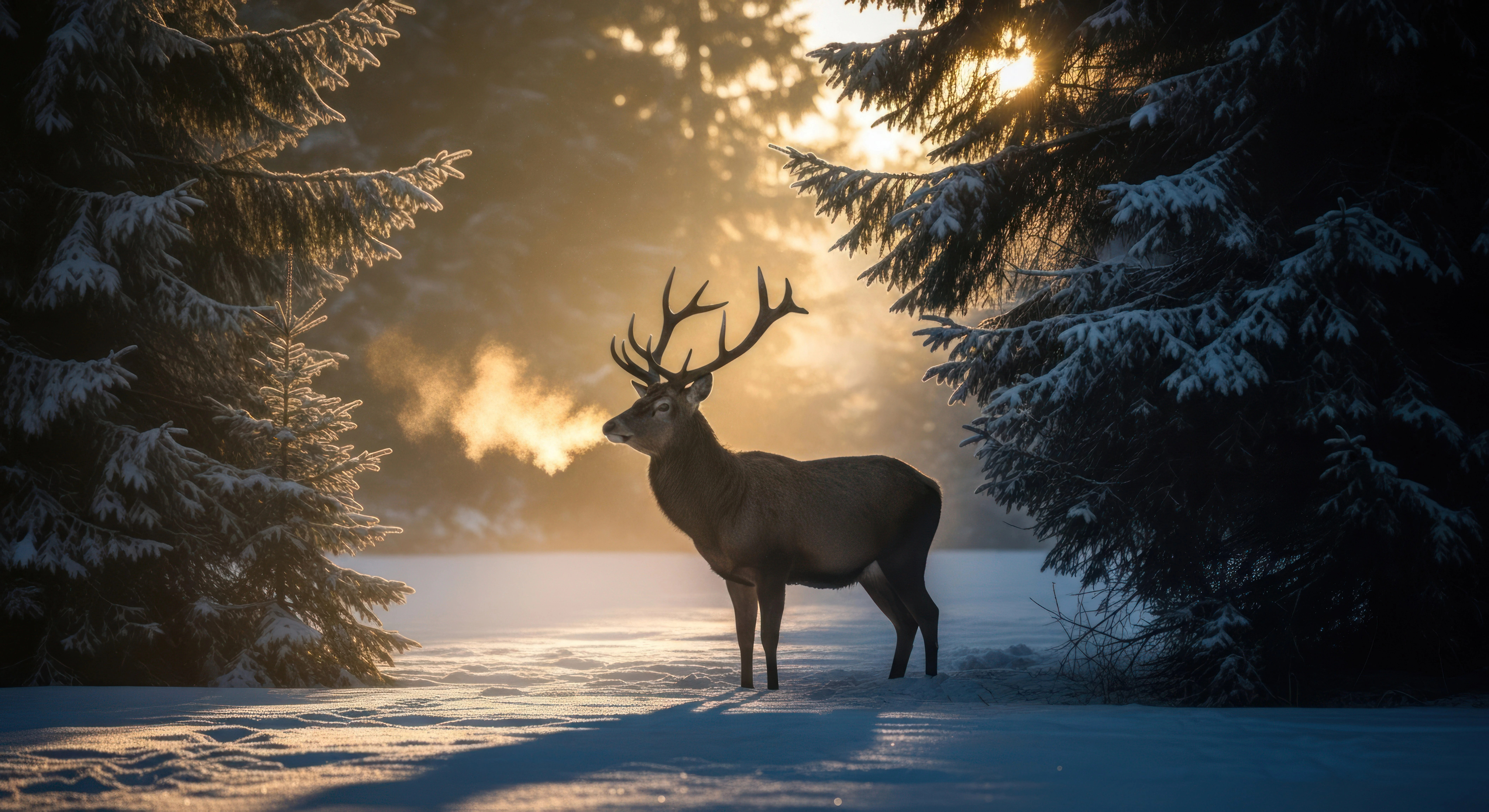 Hürschi Glühwein in einer verschneiten Waldlichtung mit einem majestätischen Hirsch im Hintergrund. Das warme Licht des Sonnenuntergangs und der sichtbare Atem des Hirsches schaffen eine authentische, winterliche Atmosphäre.