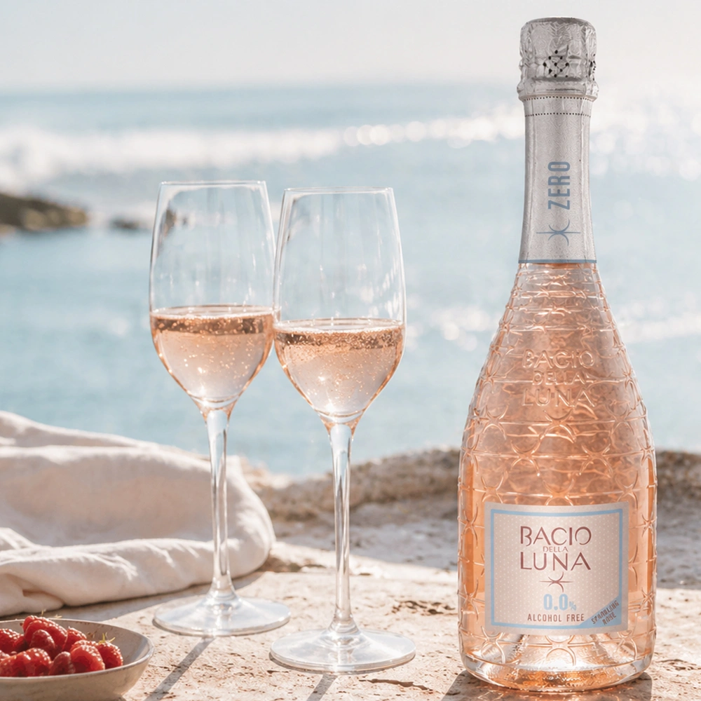 Flasche Bacio della Luna Sparkling Rosé 0,0% am sonnigen Strand neben einem Teller frischer Himbeeren