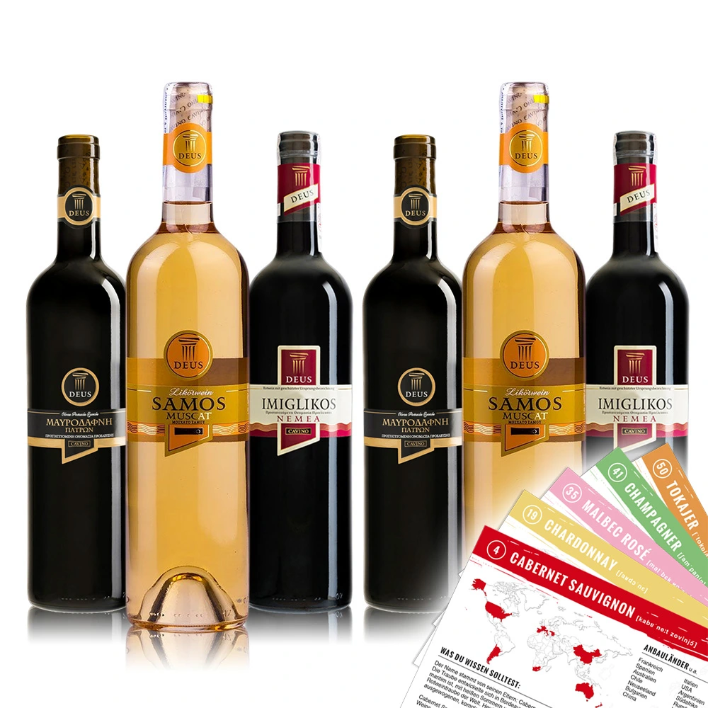 Cavino Deus Probierpaket Griechenland + VINOX Winecards (6x0,75l)