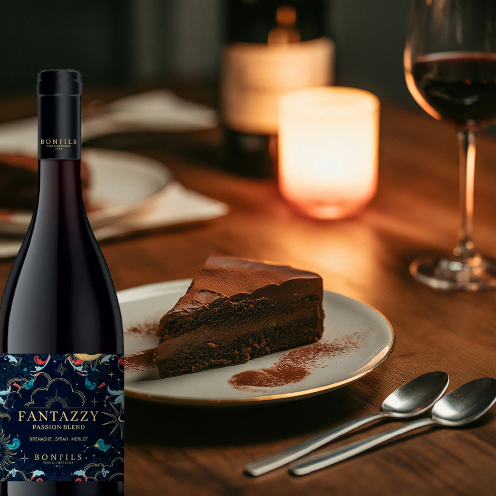 Bonfils Fantazzy Passion Rotwein mit Schokodessert auf einem stilvoll gedeckten Tisch bei warmem Kerzenlicht