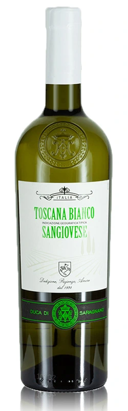 Flasche Duca di Saragnano Sangiovese Bianco isoliert vor weißem Hintergrund im Studio aufgenommen