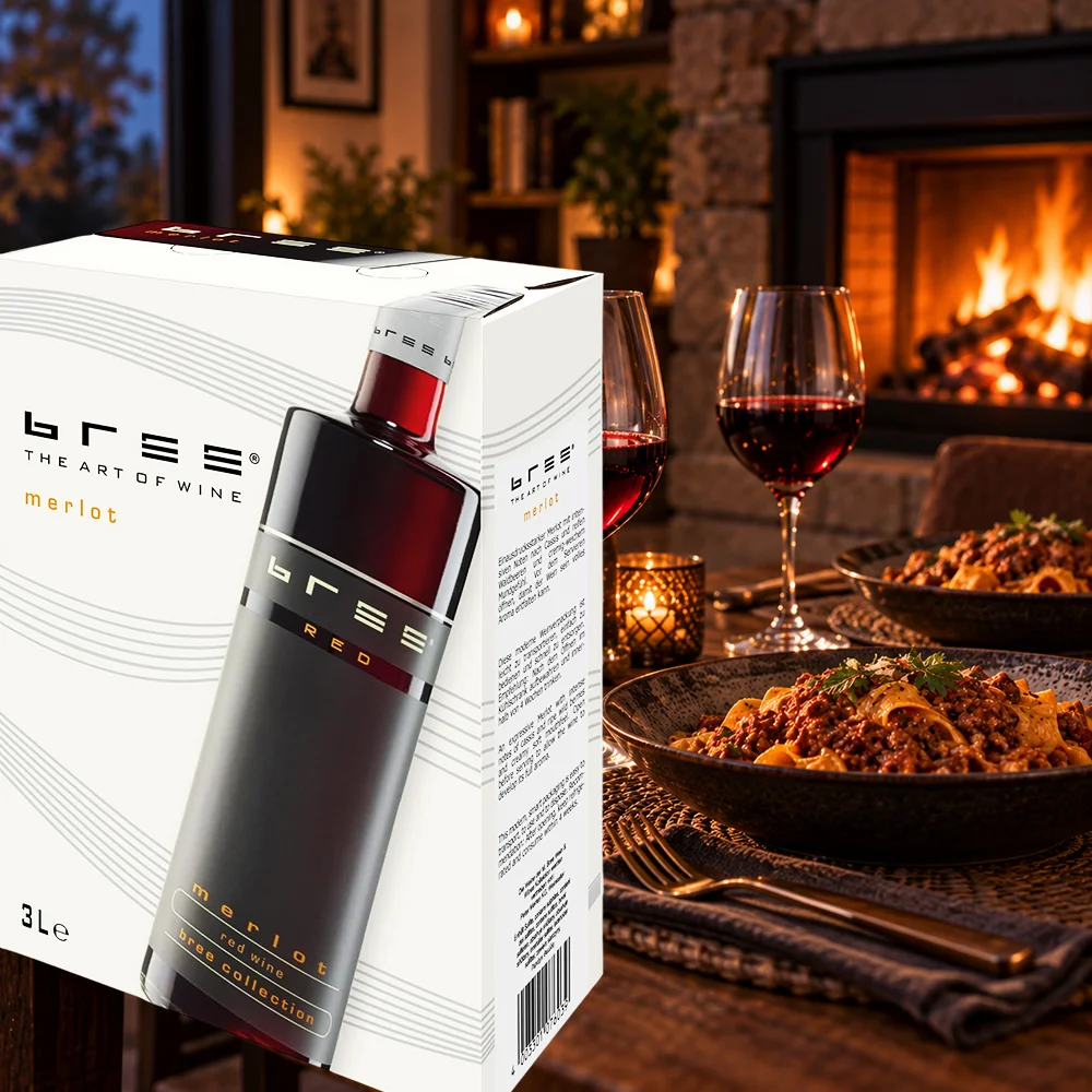 Bree Merlot Rotwein 3 Liter Bag-in-Box mit Pasta und Rotweingläsern am Kamin