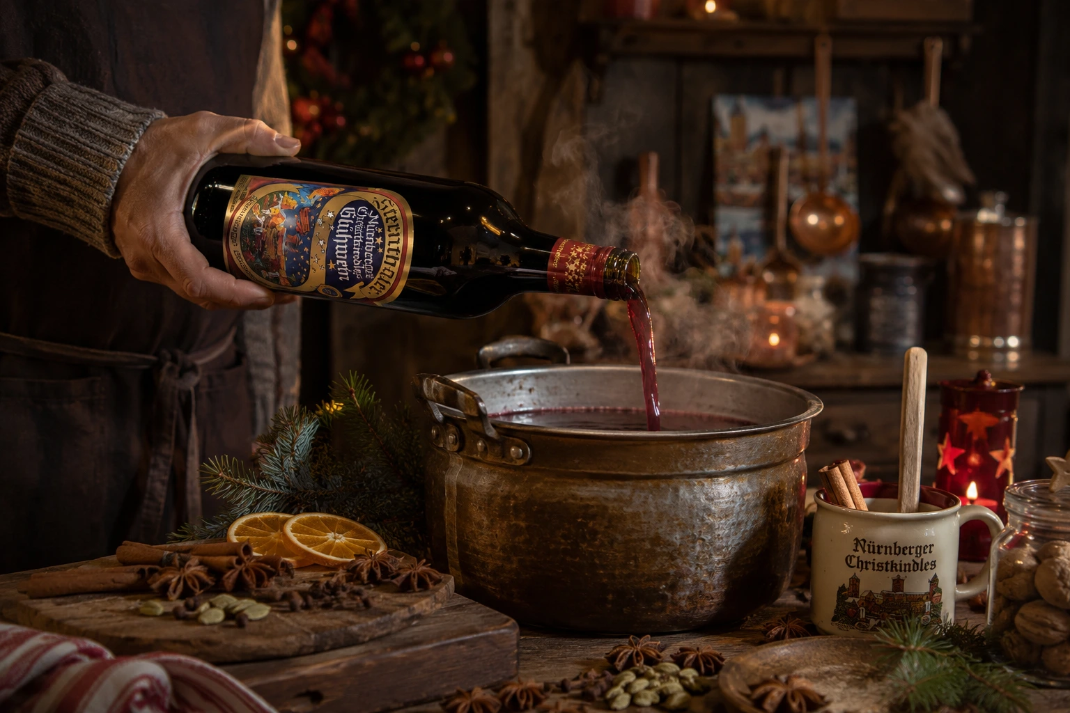 Sternthaler Nürnberger Christkindles Glühwein wird in einen rustikalen Metalltopf gegossen und mit winterlichen Gewürzen wie Zimt, Sternanis, Nelken und Orangenscheiben in einer gemütlichen Landhausküche schonend erwärmt.