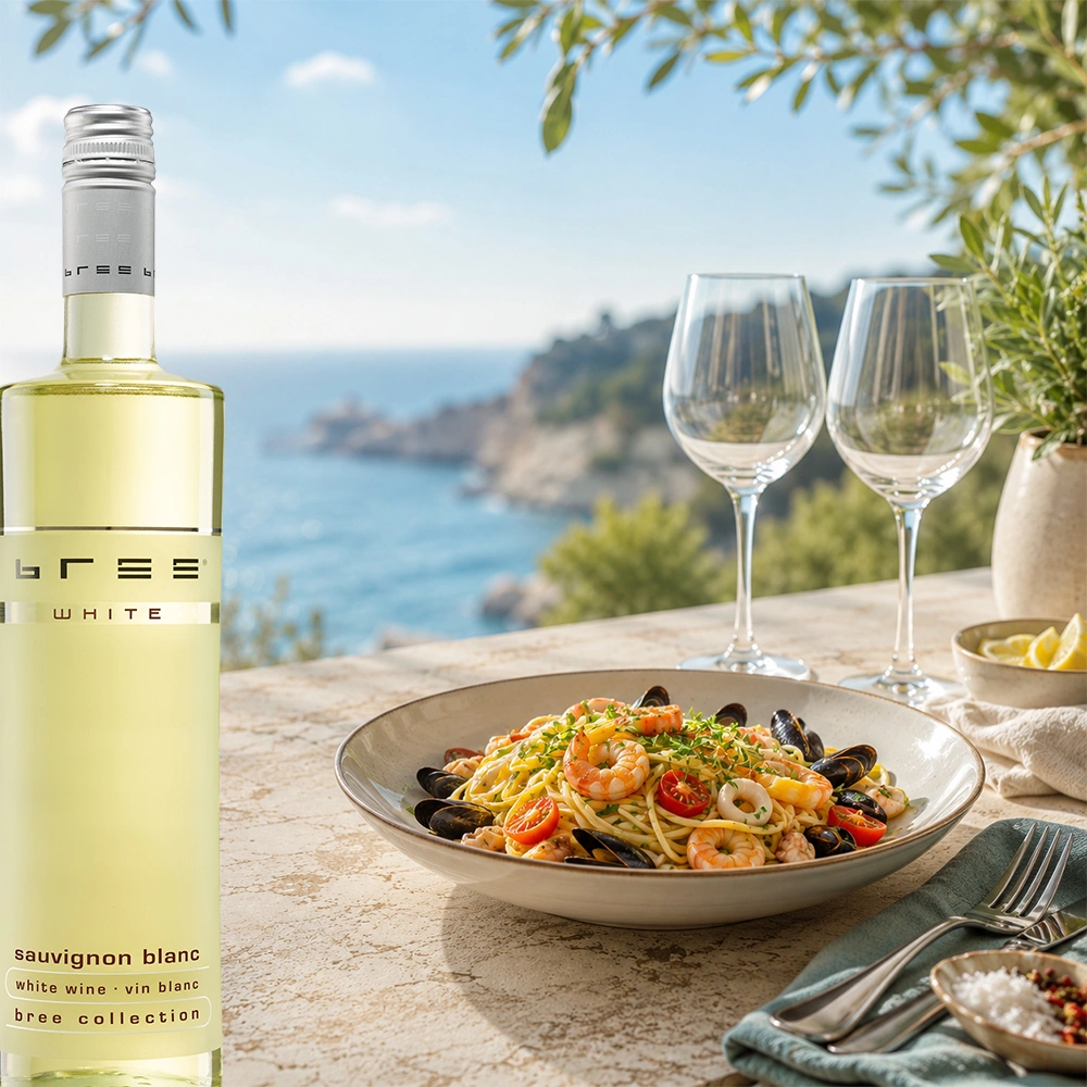Bree Sauvignon Blanc Weinflasche mit einer mediterranen Pasta mit frischen Meeresfrüchten auf einer sommerlichen Terrasse mit Blick auf eine idyllische Meeresbucht als harmonische Weinbegleitung