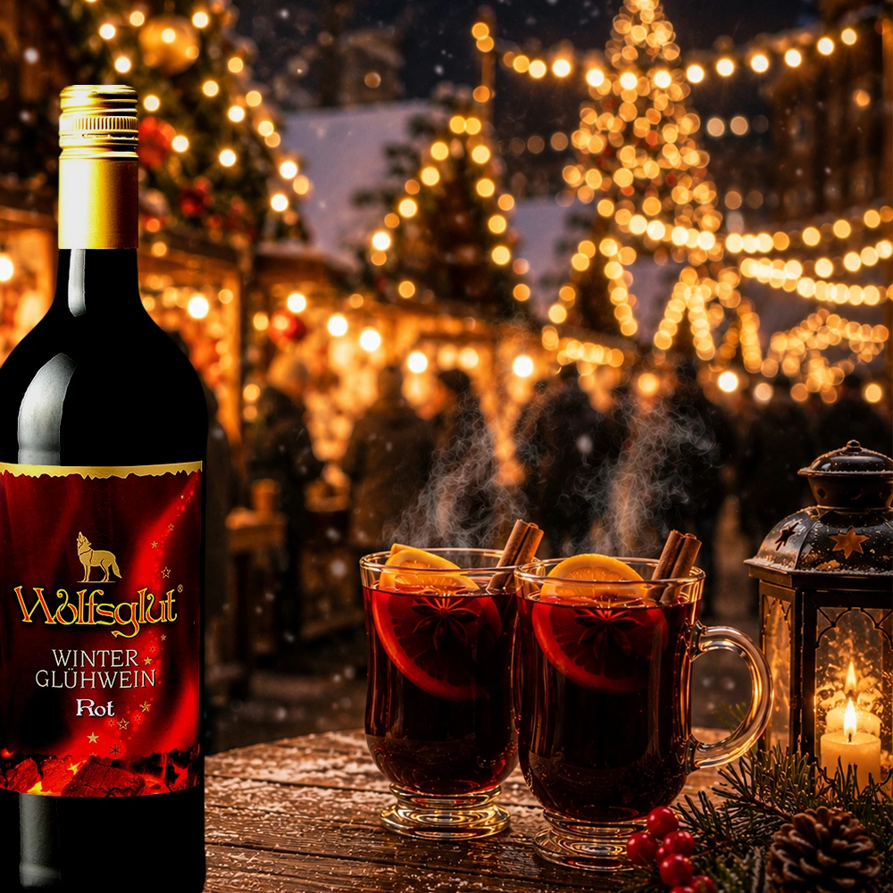 Wolfsglut Rotwein auf einem Holztisch auf dem Weihnachtsmarkt mit zwei Bechern dampfendem Glühwein