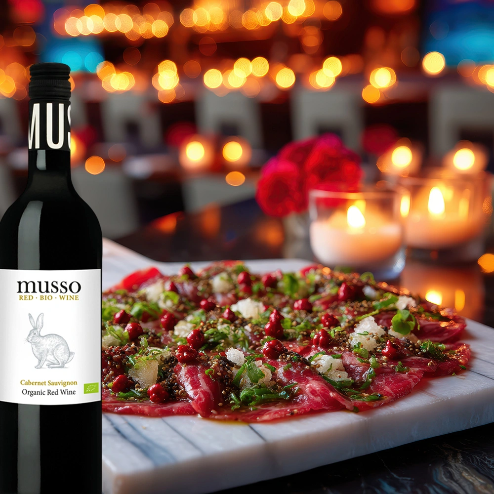 Musso Cabernet Sauvignon Bio Rotwein mit feinem Rindercarpaccio auf Steinplatte bei stimmungsvollem Kerzenschein